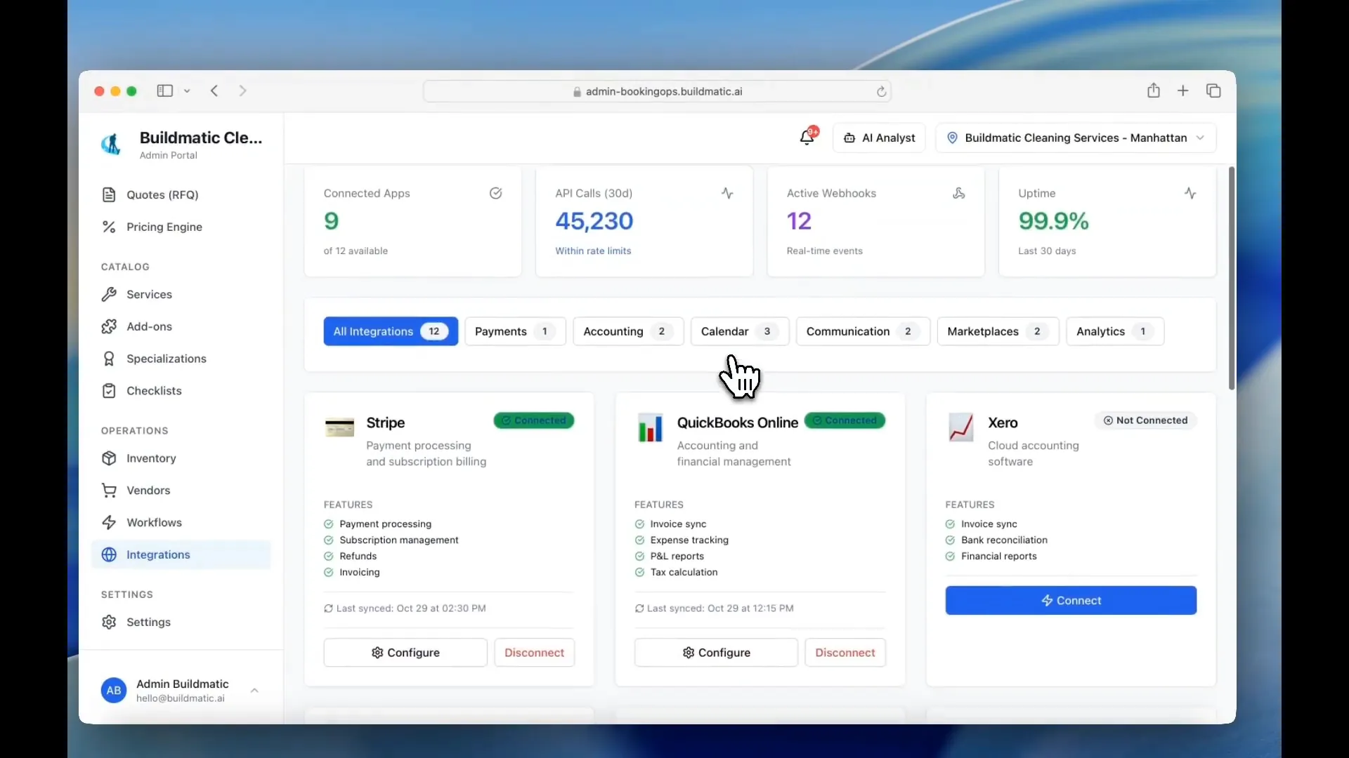Third-party integrations including Stripe, QuickBooks, and Xero