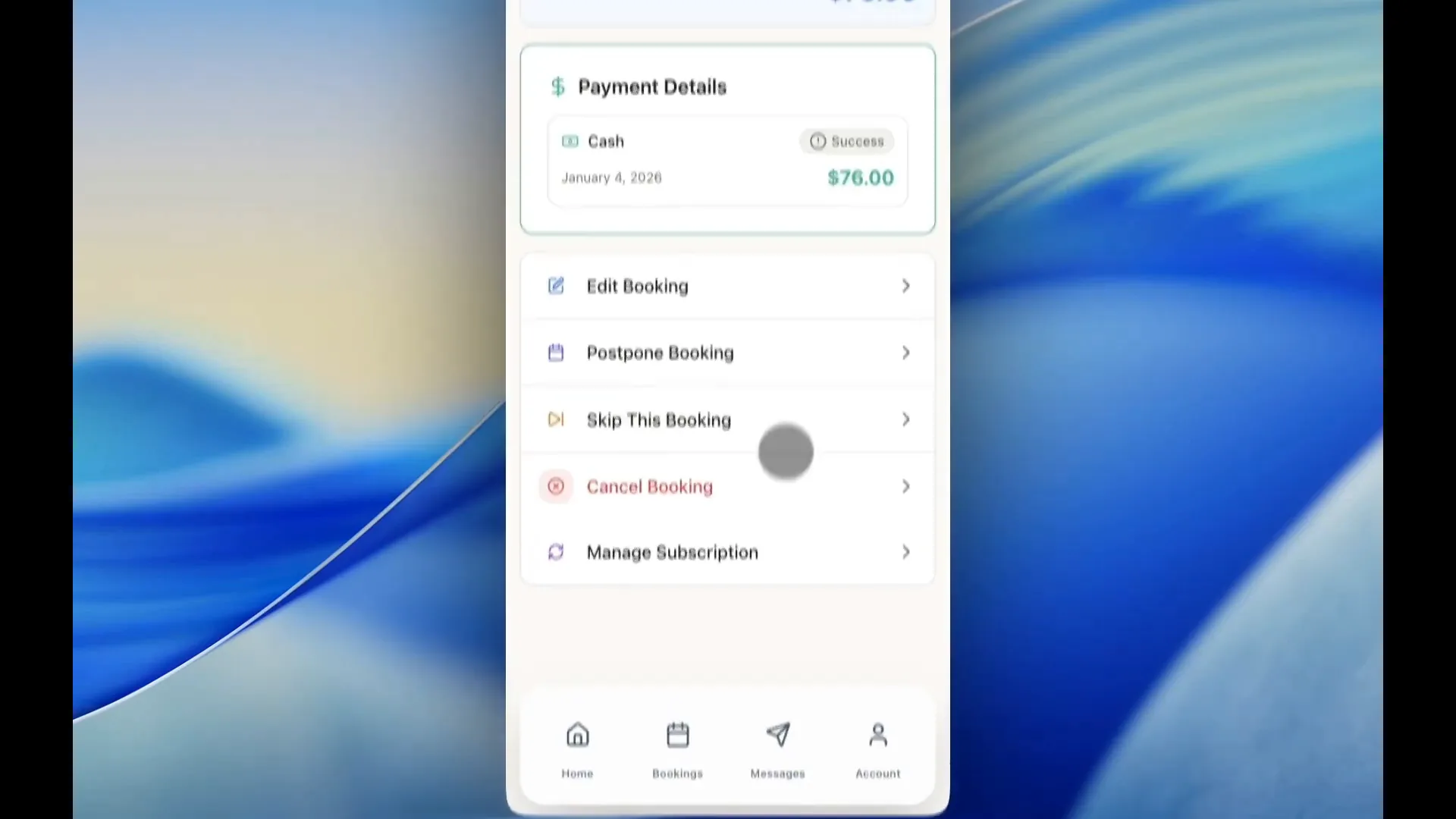 Customer mobile booking management with payment details