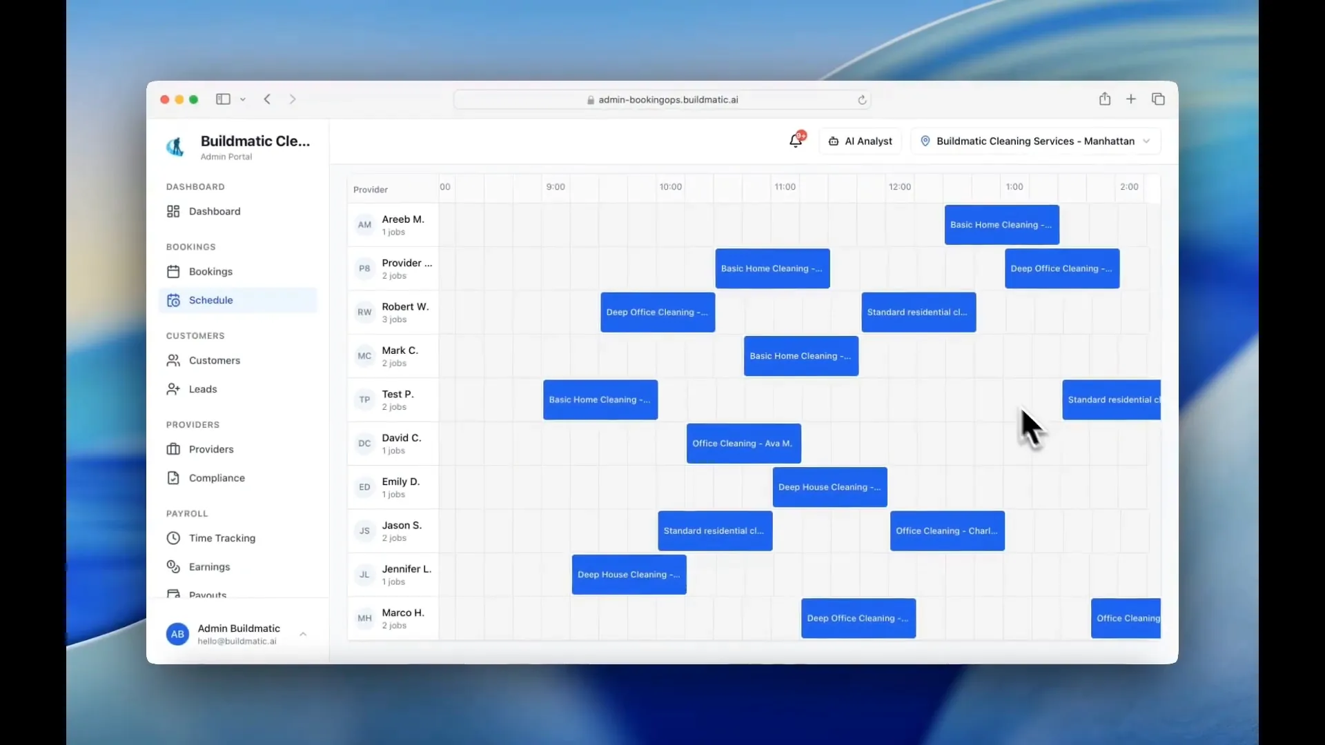 Weekly booking schedule across providers