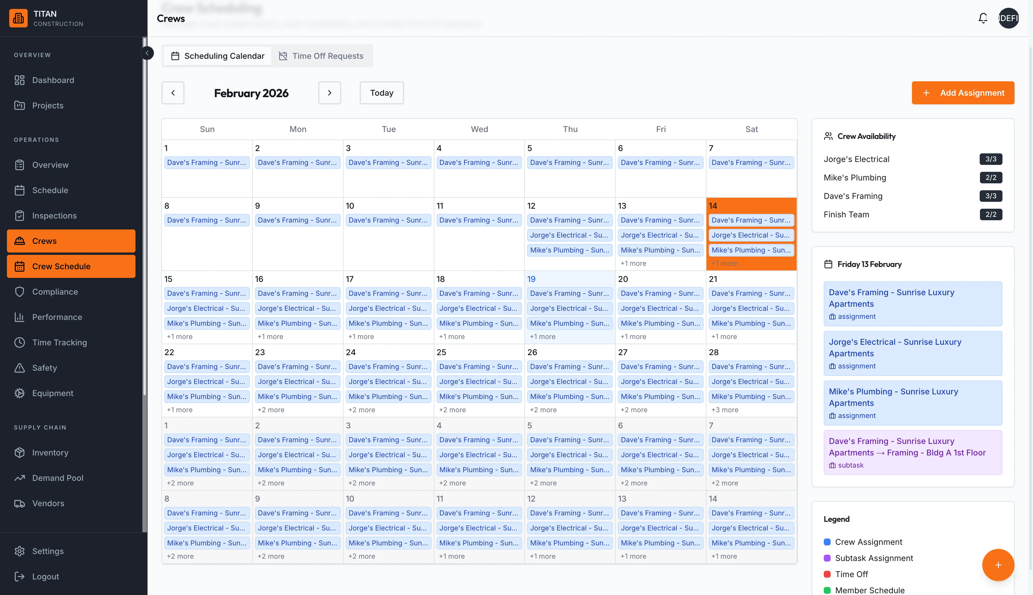 Crew scheduling calendar across multiple projects