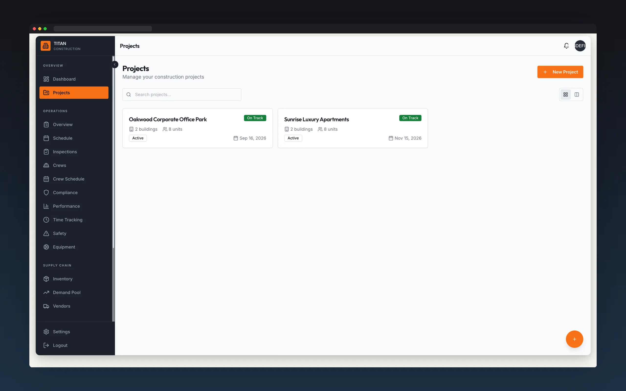 Projects list view with progress and unit counts