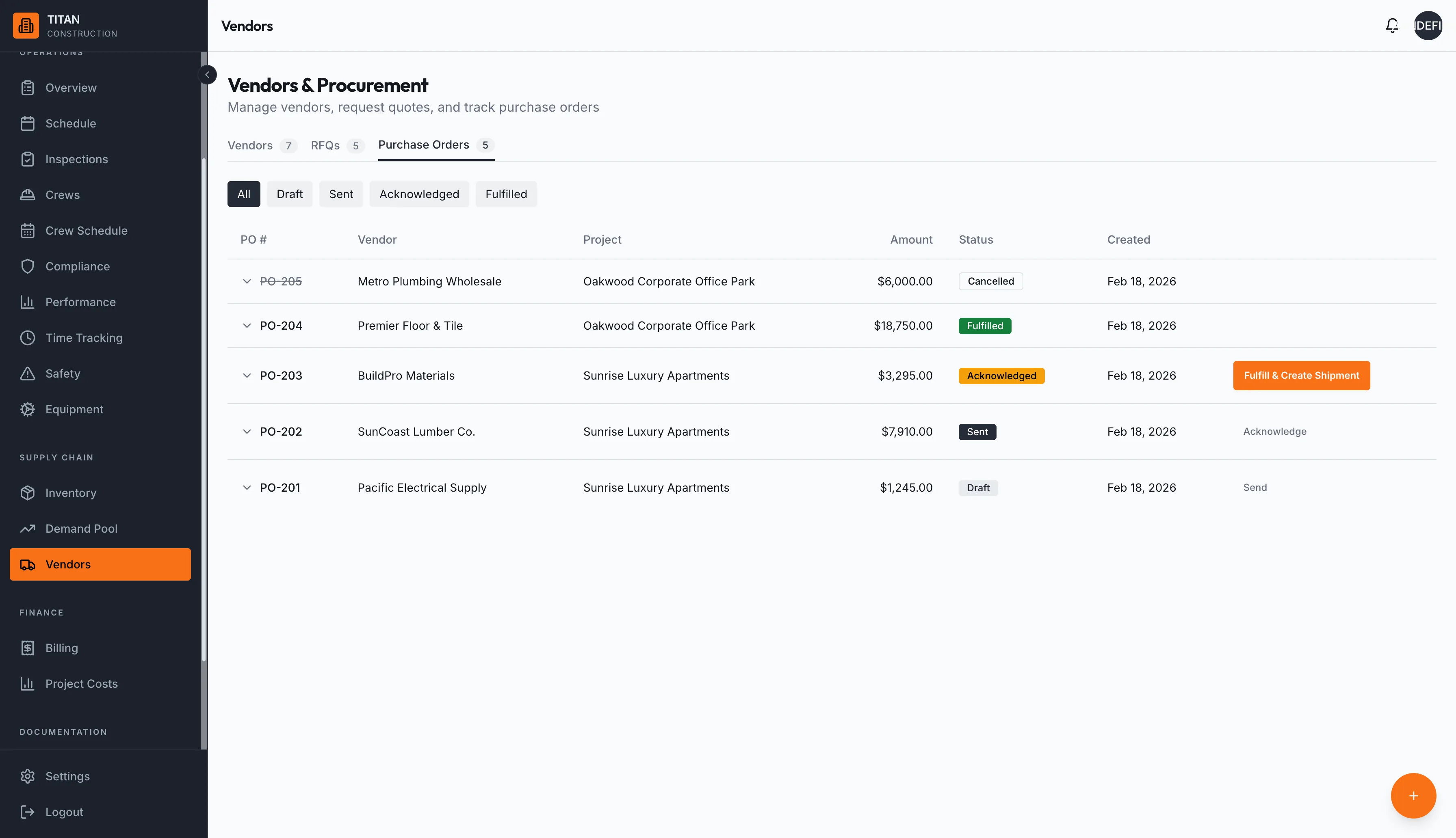 Vendors and procurement purchase order pipeline